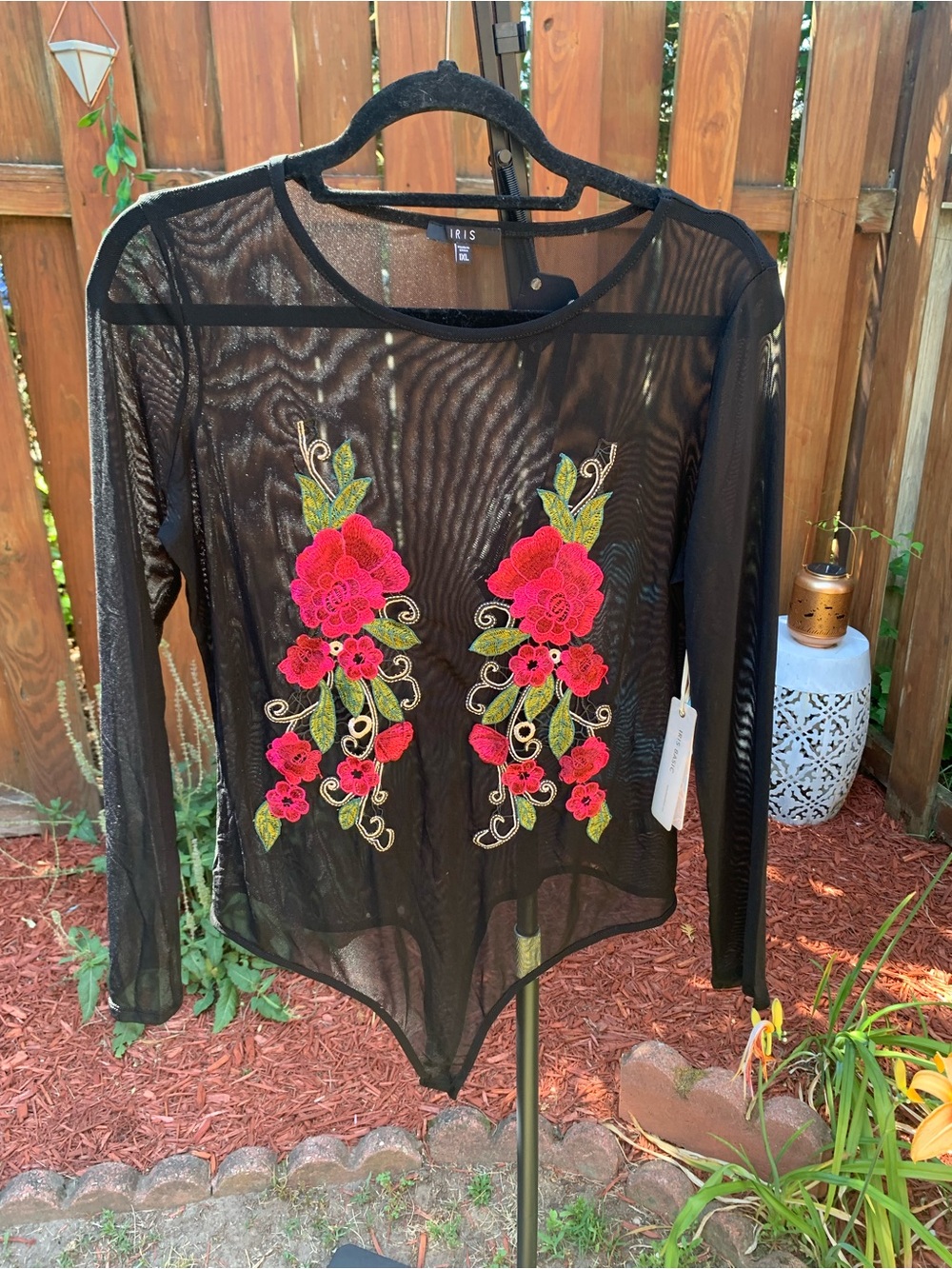 Iris Basic Black Sheer Bodysuit with Pink Floral Embroidery